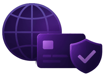 Globe, payment card, and shield representing secure global transactions